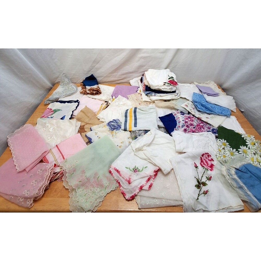 Vintage Lot 53 Hanky Handkerchiefs Floral Scalloped Crochet Edges Embroidered